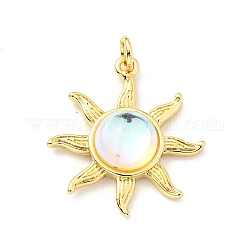 Glass Pendants, with Brass Findings and Jump Ring, Cadmium Free & Lead Free, Sun, Real 18K Gold Plated, 22.5x20x5.5mm