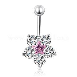 Piercing bijoux véritable laiton plaqué platine étoile fleur strass nombril anneau ventre anneaux, rose clair, 29x16mm, longueur de la barre : 3/8