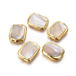 Perles de coquille, avec les accessoires en laiton plaqués or, rectangle, floral blanc, or, 22~23x16~17x3.5~4mm, Trou: 0.6mm