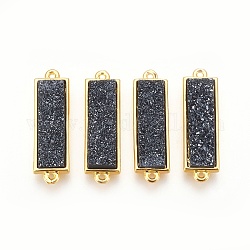 Connettori per maglie in ottone, con resina druzy, rettangolo, oro, nero, 26x8x4~5mm, Foro: 1 mm