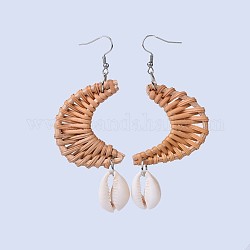 Handmade Reed Cane/Rattan Woven Dangle Earrings, with Cowrie Shell and 304 Stainless Steel Earring Hooks, Moon, Peru, 89mm, Pin: 0.6mm