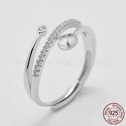Componenti dell'anello in argento sterling placcato rodio regolabili, per mezzo forato perle, con zirconi, formato 925, platino, 8mm, ago :18mm