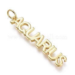 Brass Pendants, with Jump Rings, Long-Lasting Plated, Constellation/Zodiac Sign, Word, Aquarius, 37.5x7x2mm, Hole: 4.5mm