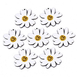 Printed Basswood Pendants, Back Random Color,  Daisy Flower, White, 34x37x3mm, Hole: 1.6mm