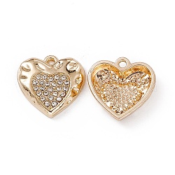 Colgantes de aleación de Diamante de imitación, charm de corazón, la luz de oro, cristal, 15x15x3.5mm, agujero: 1.4 mm