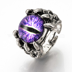 Anneaux à doigts en alliage réglables, avec les accessoires en verre, anneaux large bande, oeil de dragon, bleu violet, taille 10, 20mm