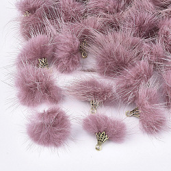 Décorations pendantes de pompon en fausse fourrure de vison, avec les accessoires en alliage, Or antique, rouge violet pâle, 20~30x28~30mm, Trou: 1.8mm