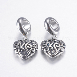 304 Stainless Steel European Dangle Charms, Heart, Large Hole Pendants, Antique Silver, 22mm, Hole: 5mm, Pendant: 11x11x4mm
