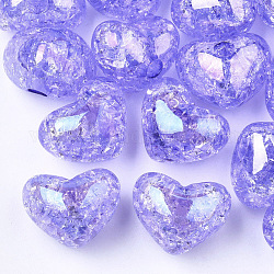 Perles en acrylique transparentes craquelées, demi-percés perles, cœur, support violet, 14.5x18x13mm, demi-trou: 3.5 mm