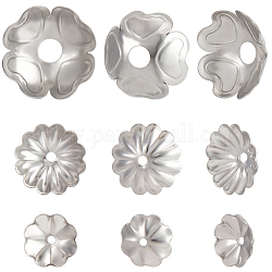 Beebeecraft 90Pcs 3 Styles 304 Stainless Steel Bead Caps, Multi-Petal, Stainless Steel Color, 8~14x8~14x2~4.5mm, Hole: 1~3.5mm, 30pcs/style