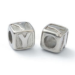 304 Stainless Steel European Beads, Large Hole Beads, Horizontal Hole, Cube with Letter, Stainless Steel Color, Letter.Y, 8x8x8mm, Hole: 4mm