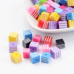 Resin Beads, Cube with Stripe Pattern, Mixed Color, about 8mm long, 8mm wide, 8mm thick, hole: 1.5mm