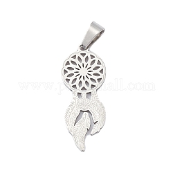 304 Stainless Steel Pendants,  Woven Net/Web with Feather Charm, Stainless Steel Color, 31.5x12.5x1.3mm, Hole: 7.5x4mm