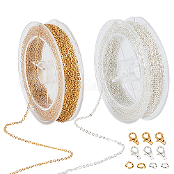 DIY Jewelry Kits, with Soldered Brass Coated Iron Cable Chains, Brass Jump Rings and Zinc Alloy Lobster Claw Clasps, Golden & Silver, 2.2x1.7x0.3mm, about 12m/roll, 2colors, 1roll/color, 2rolls