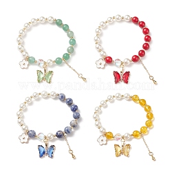Set di braccialetti elastici con perline miste naturali rotonde in stile 4 pz 4 e perle di conchiglia, braccialetti da donna con ciondoli a forma di farfalla in vetro e fiore in ottone, diametro interno: 2 pollice (5.1 cm), 1pc / style