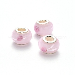 Handgemachte glasperlen murano glas großlochperlen, großes Loch Rondell Perlen, mit Platin-Ton Messing Doppeladern, Perle rosa, 14~15x9~10 mm, Bohrung: 5 mm