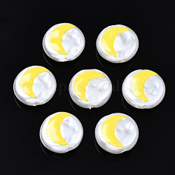 Cuentas de perlas de imitación de plástico abs impresas 3d, plano y redondo con la luna, amarillo, 12x5mm, agujero: 1.5 mm