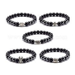 Bracelet extensible en perles rondes en obsidienne naturelle et en hématite synthétique non magnétique pour hommes et femmes, bracelet de perles en alliage, forme mixte, diamètre intérieur: 2-1/4 pouce (5.6 cm)