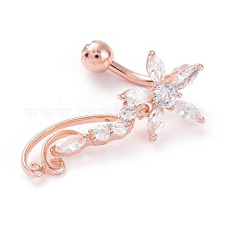 Piercing Jewelry, Brass Micro Pave Clear Cubic Zirconia Navel Rings, Belly Rings, with 304 Stainless Steel Bar, Flower, Rose Gold, 32mm, Bar: 14 Gauge(1.6mm), Bar Length: 3/8