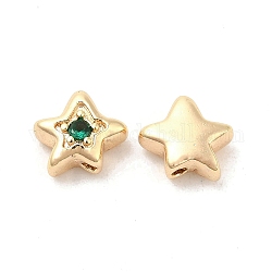 Perline in ottone zirconi, stella, vero placcato oro 18k, verde, 7x8x4mm, Foro: 1 mm