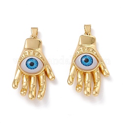 5Pcs Brass Pendants, with Resin Cabochons, Long-Lasting Plated, Hand with Evil Eye, Real 18K Gold Plated, Dodger Blue, 43x23x10mm, Hole: 5x3.5mm