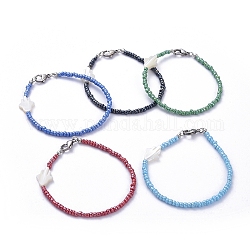 Glass Seed Bead Beaded Bracelets, with Hamsa Hand Natural Shell Beads and 304 Stainless Steel Lobster Claw Clasps, Mixed Color, 7-1/2 inch(19cm)