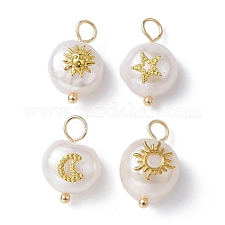 Colgantes de perlas naturales, charms de patata con rodaja de latón bañado en oro, formas mixtas, 16~19x10~11x7~10mm, agujero: 3 mm