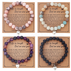 FIBLOOM 4Pcs 4 Styles Natural Mixed Gemstone Round Beaded Stretch Bracelets Set with Alloy Heart Charms, Inner Diameter: 2-1/4 inch(5.7cm), 1Pc/style