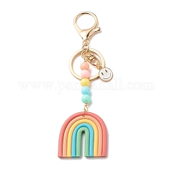 Handmade Polymer Clay & Alloy Enamel Pendants Keychain, with Acrylic Beads and Alloy Keychain Clasp Findings, Rainbow & Smiling Face , Colorful, 13.5cm
