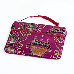 Pochettes d'emballage de bijoux en satin à motif de fleurs de style chinois, sacs cadeaux avec fermeture éclair et breloque pompon, rectangle, support violet rouge, 11x17.5 cm