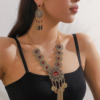 Комплекты ожерелий и серег-колец из цинкового сплава и стекла в стиле «Цветочная Богемия» FS-WGA974D-05-1