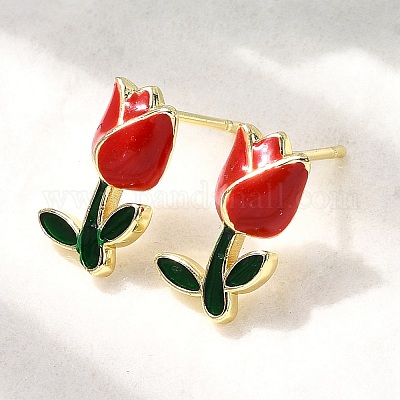 Серьги-гвоздики с цветком из латуни и эмали EJEW-P322-05G-1