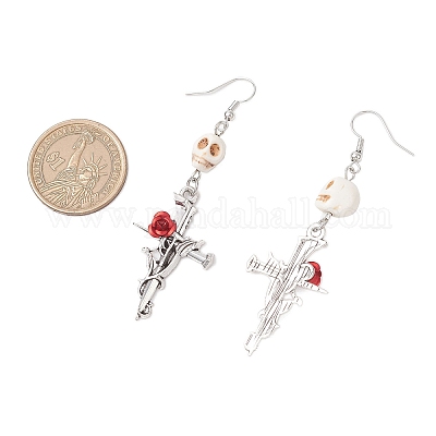 3 пара двухцветных сережек-подвесок из сплава синтетической бирюзы с цветочным узором на Хэллоуин EJEW-JE06484-1