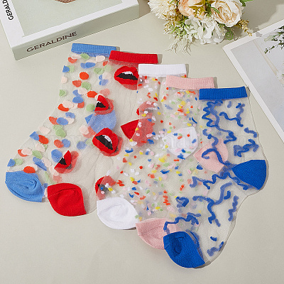 5 пара 5 стилей нейлоновых носков из стеклошелка для женщин AJEW-CN0004-34-1