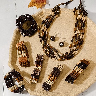 Многослойные ожерелья и браслеты из бисера и серьги с подвесками из деревянных бусин WG7BAAE-01-1