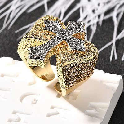 Латунные кольца-манжеты с микропаве и прозрачным цирконием для женщин RJEW-B114-03G-1