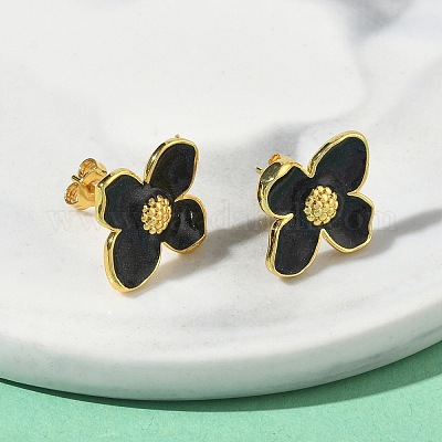 Цветок латунь эмаль серьги стержня&nbsp;EJEW-P341-03G-1