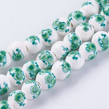 Handmade Flower Printed Porcelain Ceramic Beads Strands PORC-J006-C05-1