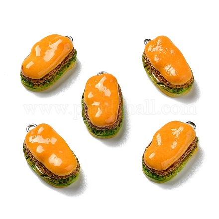 不透明樹脂ペンダント  プラチナトーンの鉄ループ付き  模造食品  ホットドッグ  オレンジ  25.5x14x9.5~10mm  穴：2mm RESI-D055-122P-1