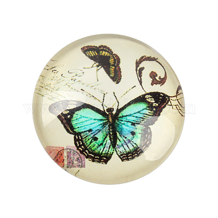 Farfalla metà vetro stampato cabochon rotondo / dome X-GGLA-N004-12mm-C01-1