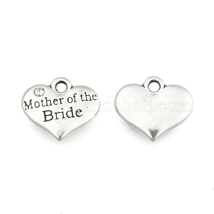 Wedding Theme Antique Silver Tone Tibetan Style Alloy Heart with Mother of the Bride Rhinestone Charms X-TIBEP-N005-18B-1