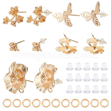 CREATCABIN 1 Box 10Pcs 5 Style Stud Earring Findings Real 18K Gold Plated Brass Butterfly Bees Flower Earring Posts with Loop 50Pcs Jump Rings 50Pcs Ear Nuts for DIY Jewelry Making Supplies KK-CN0001-88-1