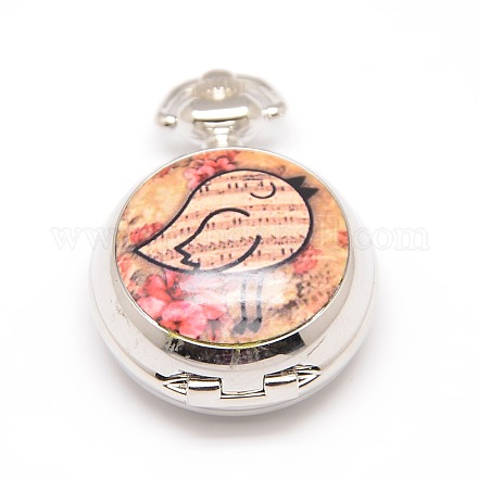 Openable Flat Round Alloy Bird Printed Porcelain Quartz Watch Heads for Pocket Watch Necklaces Making WACH-M111-01-1