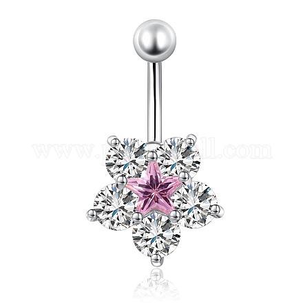Joyería piercing platino real plateado latón estrella flor rhinestone anillo del ombligo anillos del vientre AJEW-EE0001-21B-1