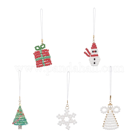 クリスマスガラスシードビーズペンダント装飾  編組ナイロン糸吊り飾り  混合図形  110~128mm  5個/セット HJEW-TA00013-1