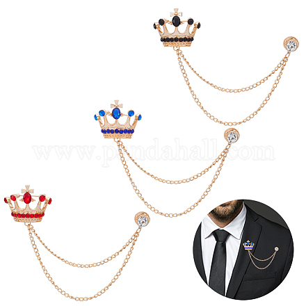 AHADEMAKER 3Pcs 3 Colors Rhinestone Crown with Hanging Safety Chains Brooch JEWB-GA0001-13-1