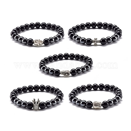 Bracelet extensible en perles rondes en obsidienne naturelle et en hématite synthétique non magnétique pour hommes et femmes BJEW-JB06968-1