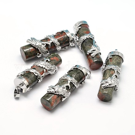 Column with Dragon Platinum Plated Brass Natural Unakite Pendants G-F228-23G-RS-1