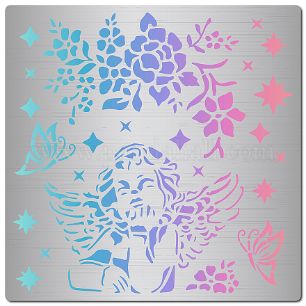 GORGECRAFT 6.3 Inch Angel Metal Stencil Blooming Roses Wood Burning Stencil Reusable Butterflies Journal Stencils Shiny Stars Template Stainless Steel Stencils for Painting DIY Decorations Card Making DIY-WH0238-067-1