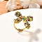 Bowknot 304 Stainless Steel Rhinestone Cuff Rings for Women, Real 18K Gold Plated, Colorful, Inner Diameter: 17mm